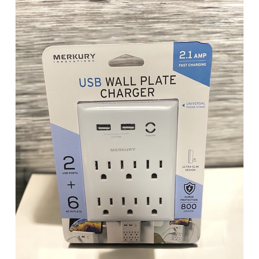 USB Wall Plate w/ Phone Holder 2 USB + 6 Outlets -2.1 AMP Fast Charging